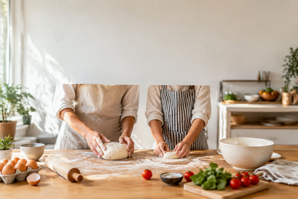Un parent et un enfant portant des tabliers pétrissent de la pâte sur une table en bois dans une cuisine lumineuse.