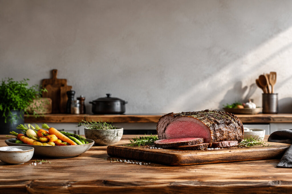 Un rôti de bœuf tendre tranché sur une planche en bois, accompagné de légumes rôtis dans une cuisine lumineuse.