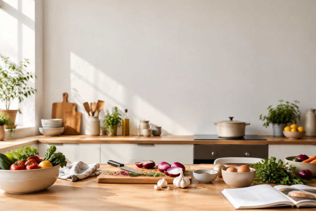 Plan de travail en bois avec des légumes frais, un couteau, un livre de cuisine ouvert et une cuisine lumineuse en arrière-plan.