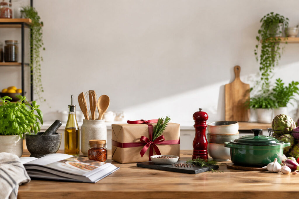 Un cadeau emballé sur une table de cuisine avec des ustensiles, des épices, une cocotte verte et un livre de recettes.