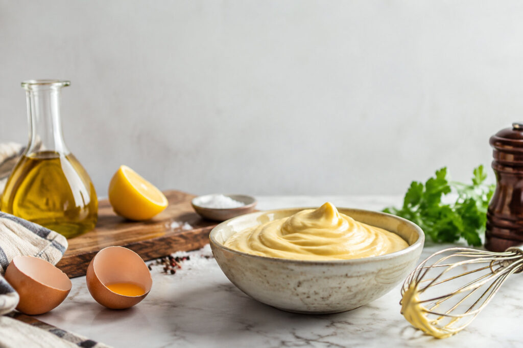 Bol de mayonnaise maison entouré d'ingrédients : œuf, citron, huile et fouet sur une table en marbre.