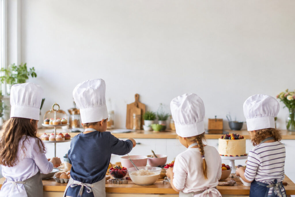 Quatre enfants portant des toques de chef cuisinier préparent des pâtisseries ensemble dans une cuisine lumineuse.