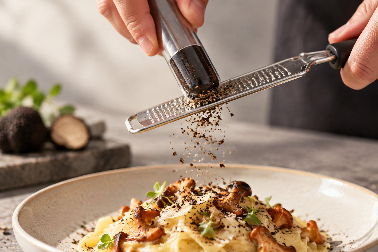 Un crayon d'assaisonnement OCNI en train d'être râpé au-dessus d'une assiette.
