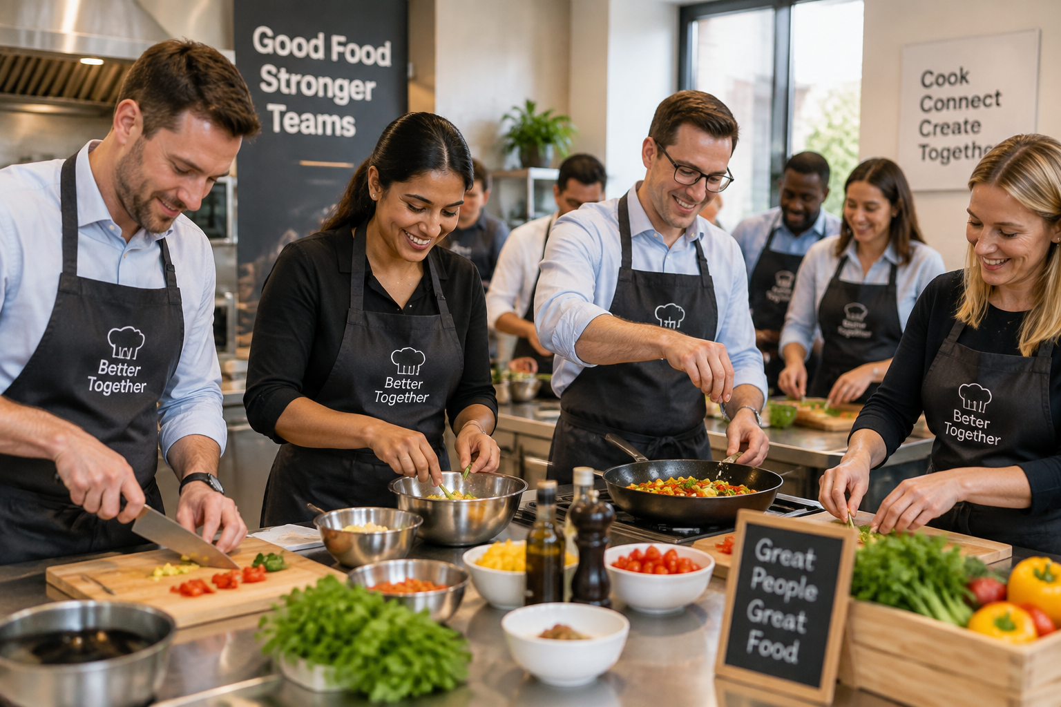 Atelier de cuisine avec des équipes d'entreprise préparant des plats
