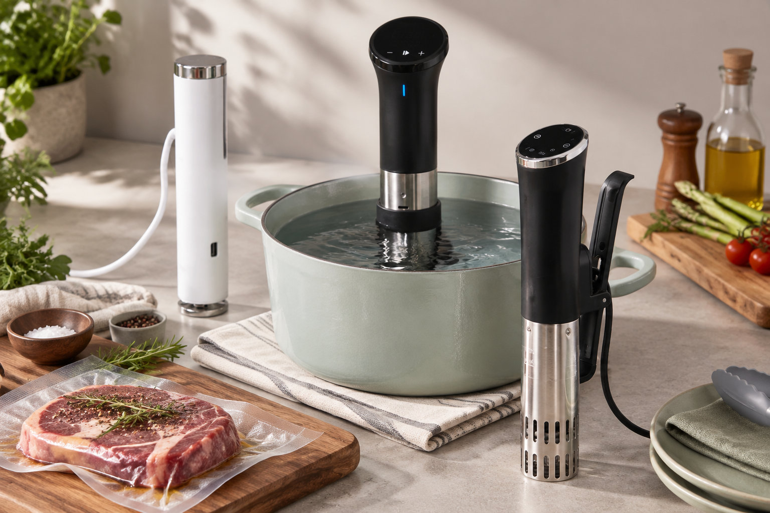 Un thermoplongeur compact immergé dans un bac de cuisson sous vide.