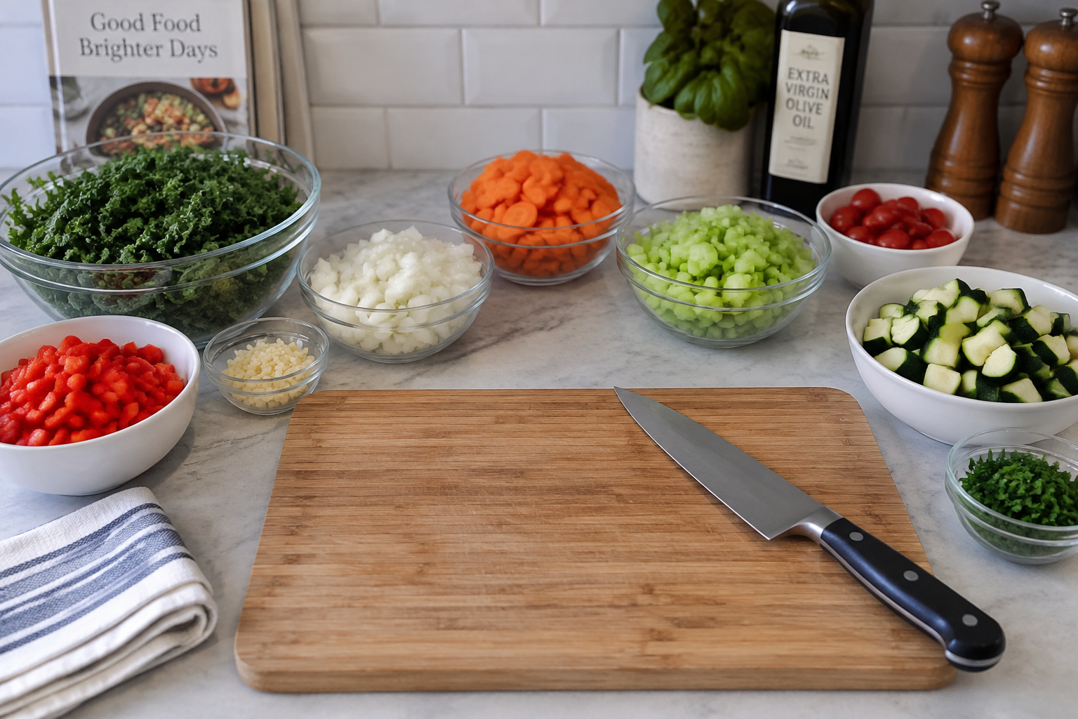 Un plan de cuisine avec des ingrédients préparés : oignons émincés, légumes coupés, et une planche à découper.