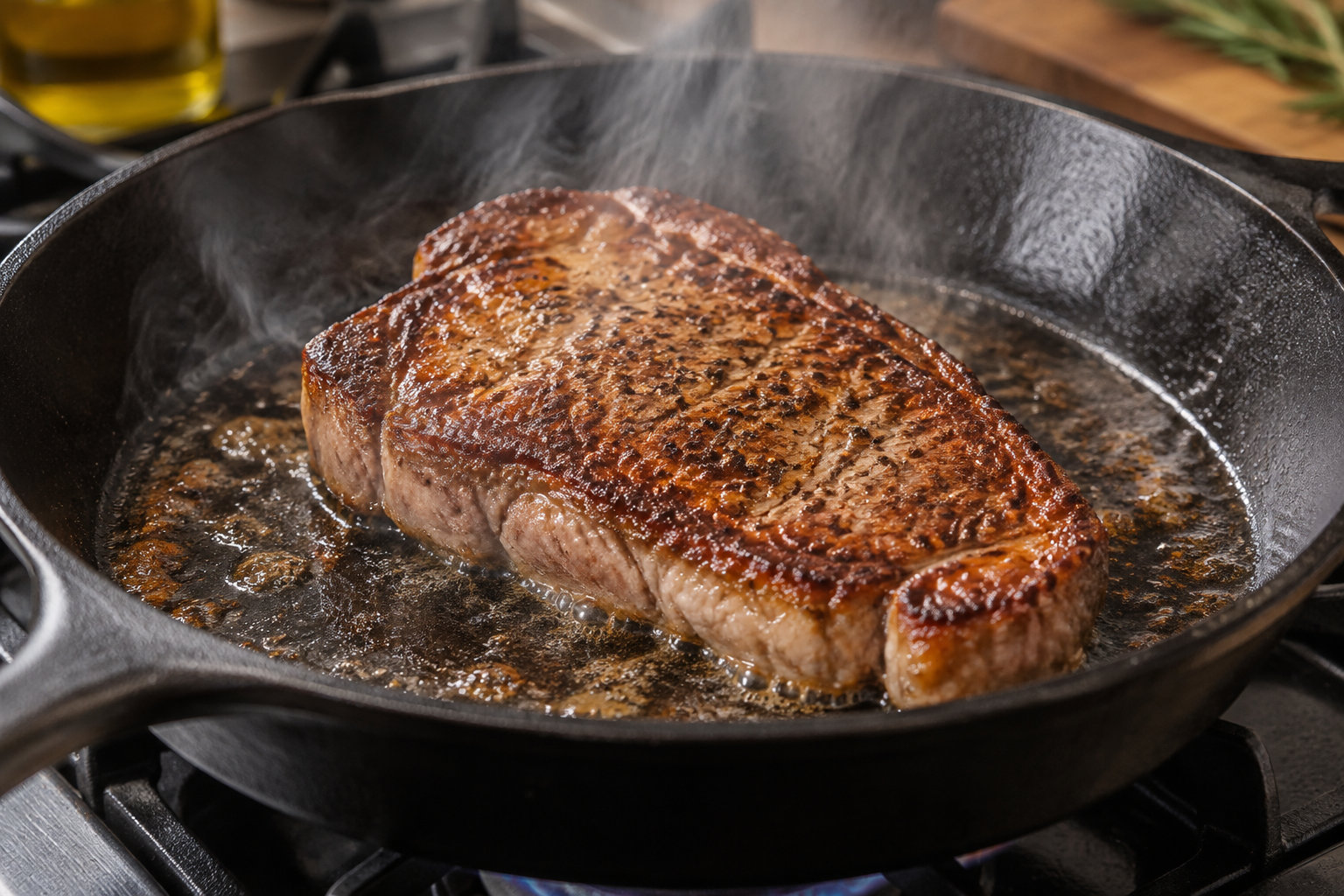 Une pièce de viande en train de dorer dans une poêle chaude pour illustrer la réaction de Maillard.