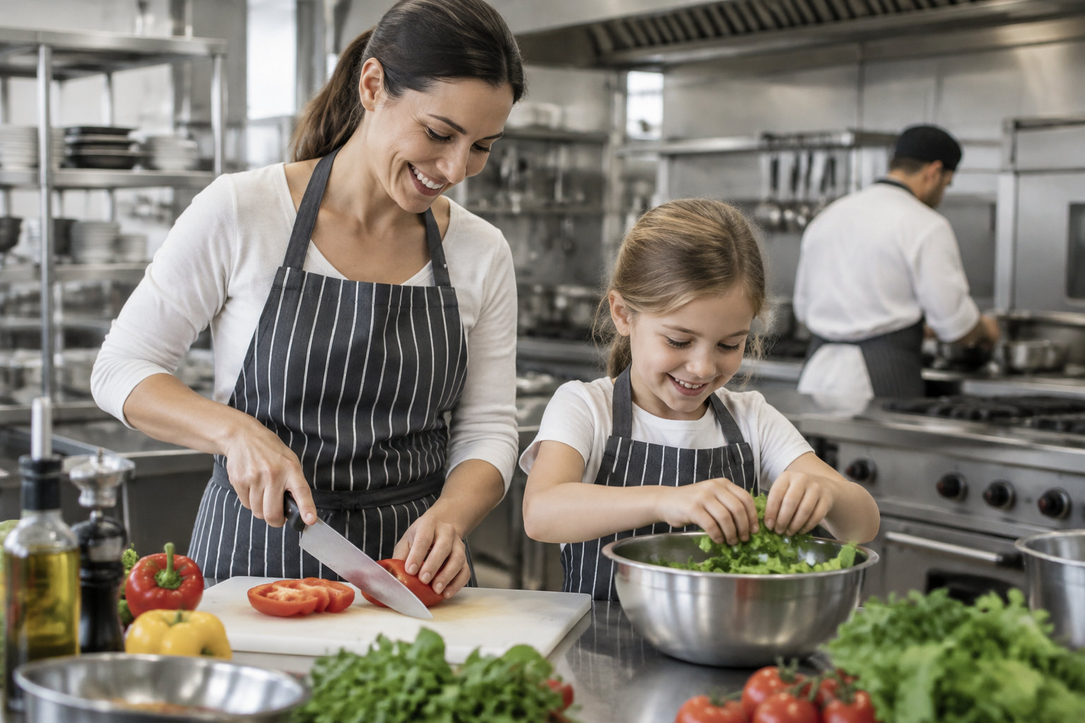 Un parent et son enfant apprennent les techniques culinaires en cuisine.