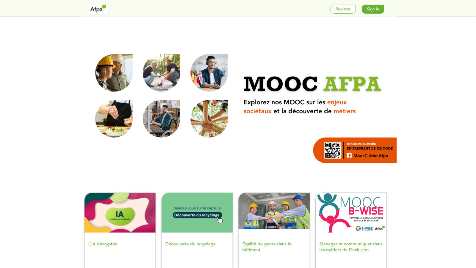 Capture d'écran de la plateforme de formation en ligne Mooc Cuisine de l'Afpa.