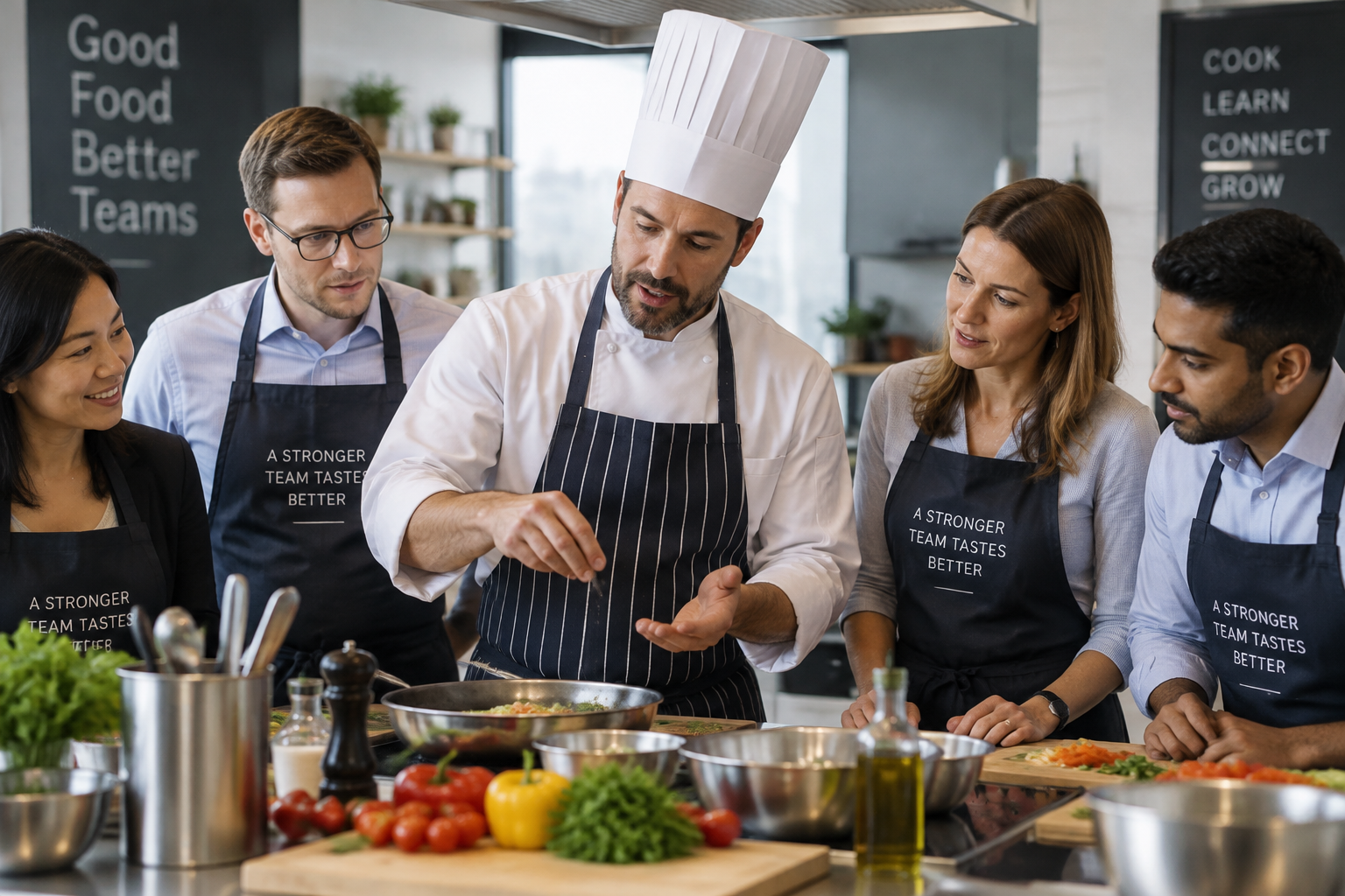 Chef guidant des employés lors d'un cours de cuisine