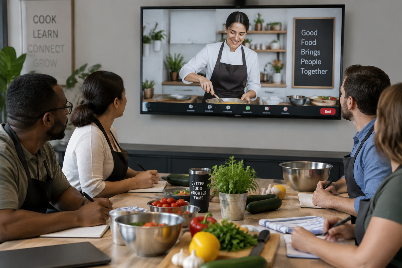 Employés participant à un cours de cuisine en visioconférence