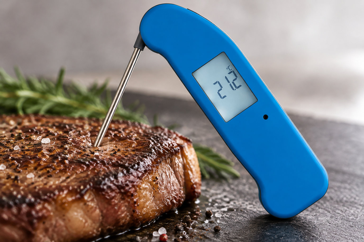Un thermomètre numérique Thermapen ONE utilisé pour mesurer la température à coeur d'une pièce de viande.