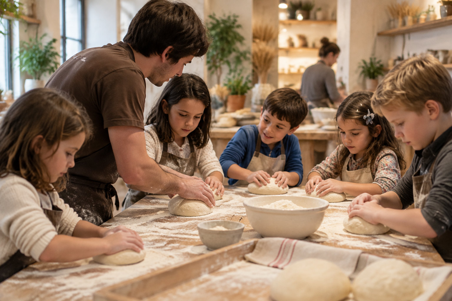Un atelier de fabrication de pain avec des enfants aux Fermes de Gally.