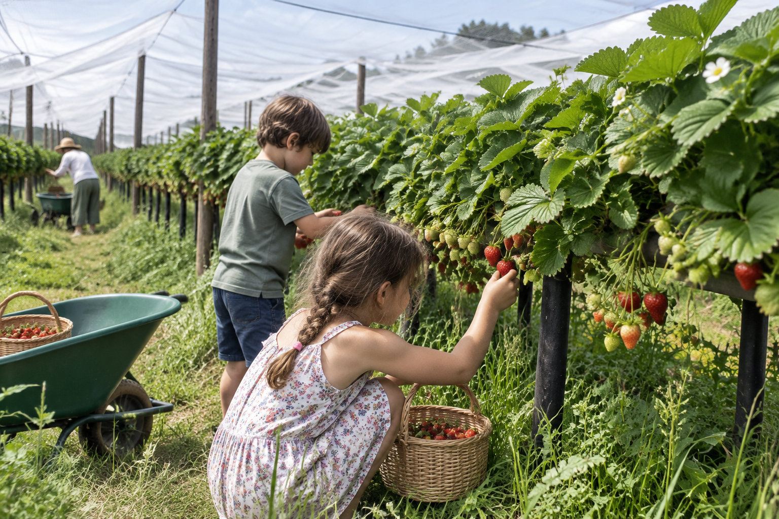 Des enfants récoltant des légumes dans les champs de la Cueillette de Gally.