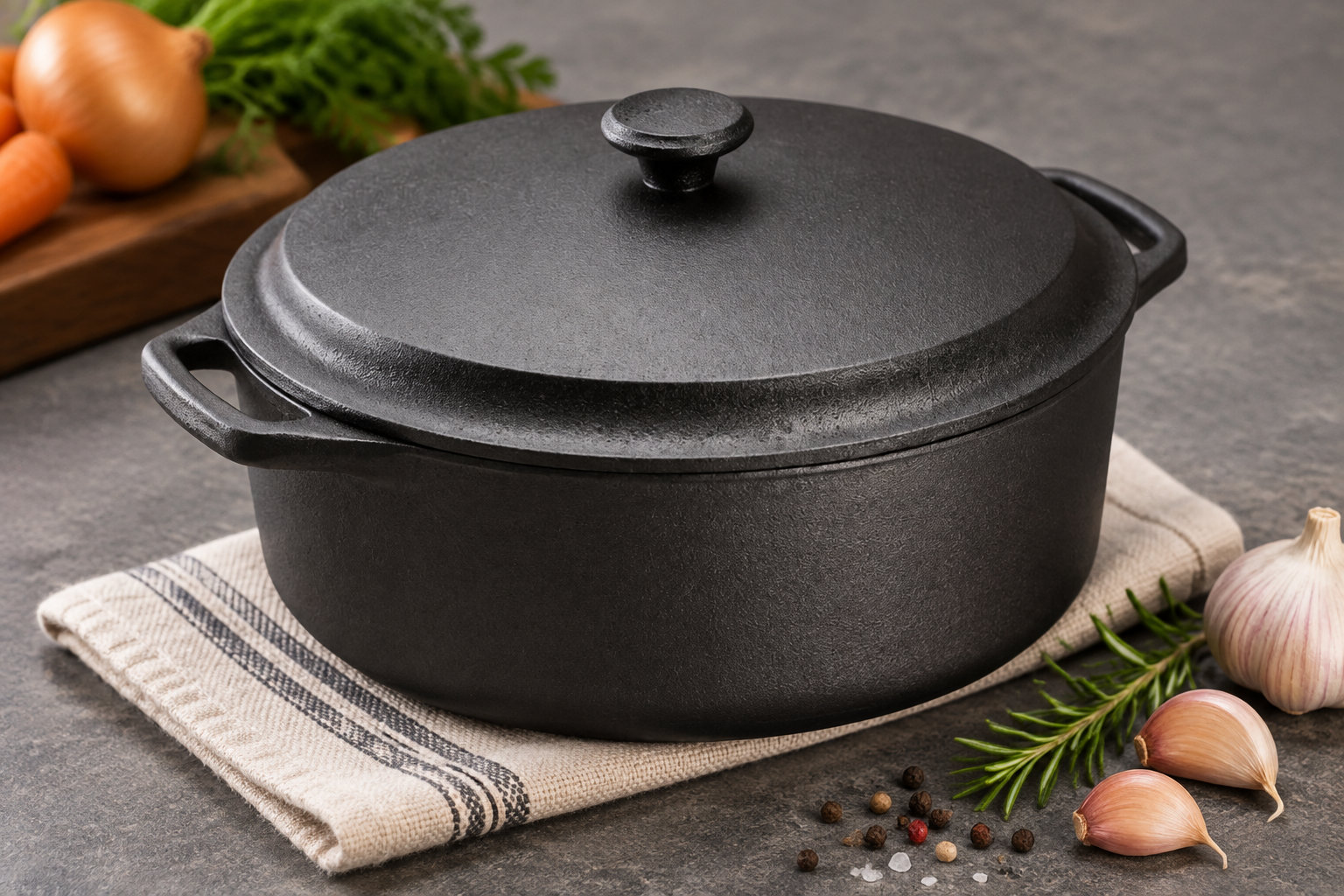 Une cocotte en fonte artisanale posée sur un plan de travail.