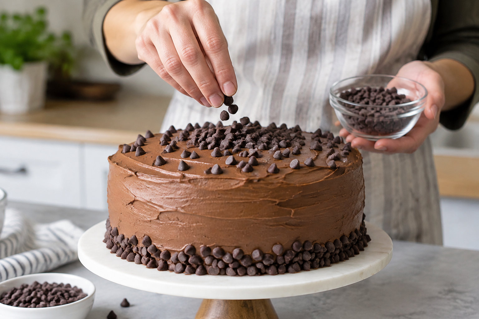 Des mains d'enfant disposent des pépites de chocolat sur le glaçage d'un gâteau.