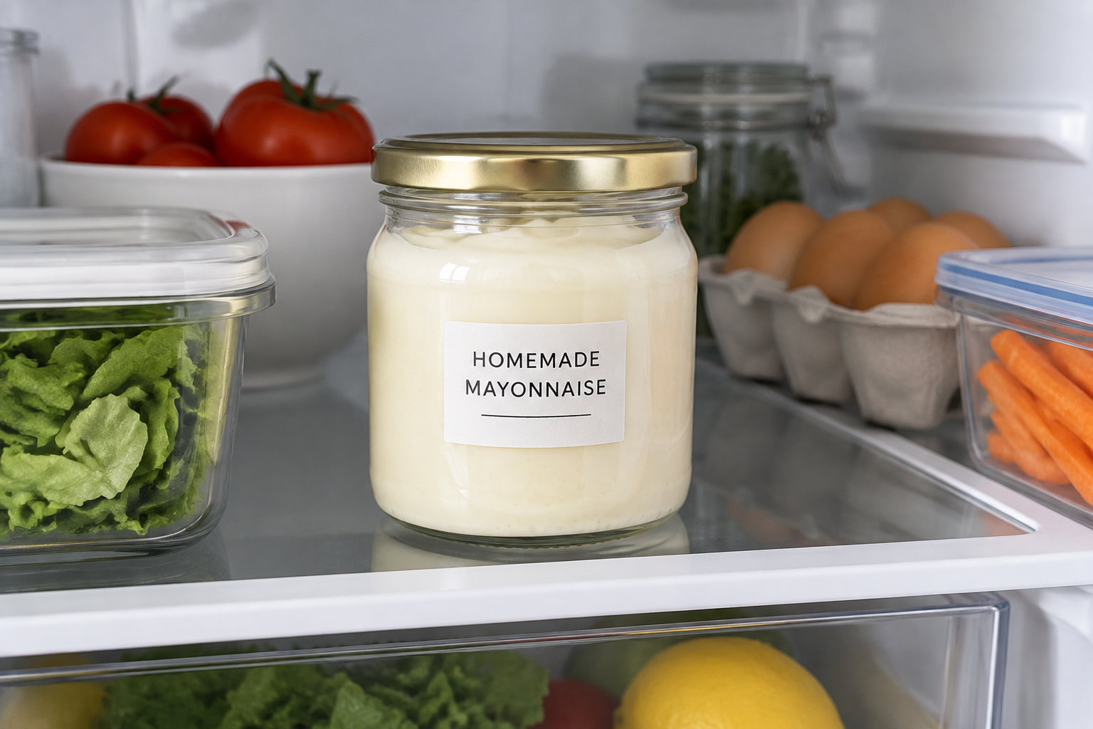 Un bocal de mayonnaise fait maison rangé dans un réfrigérateur domestique.