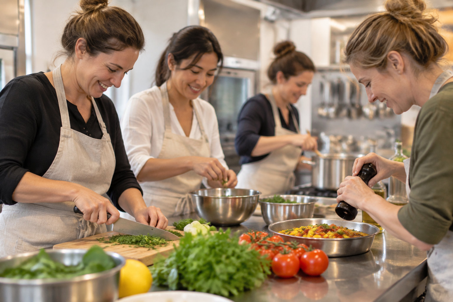Un groupe de participantes prépare des recettes en brigade dans la cuisine privatisée du Cuisinaire du Roi à Versailles.