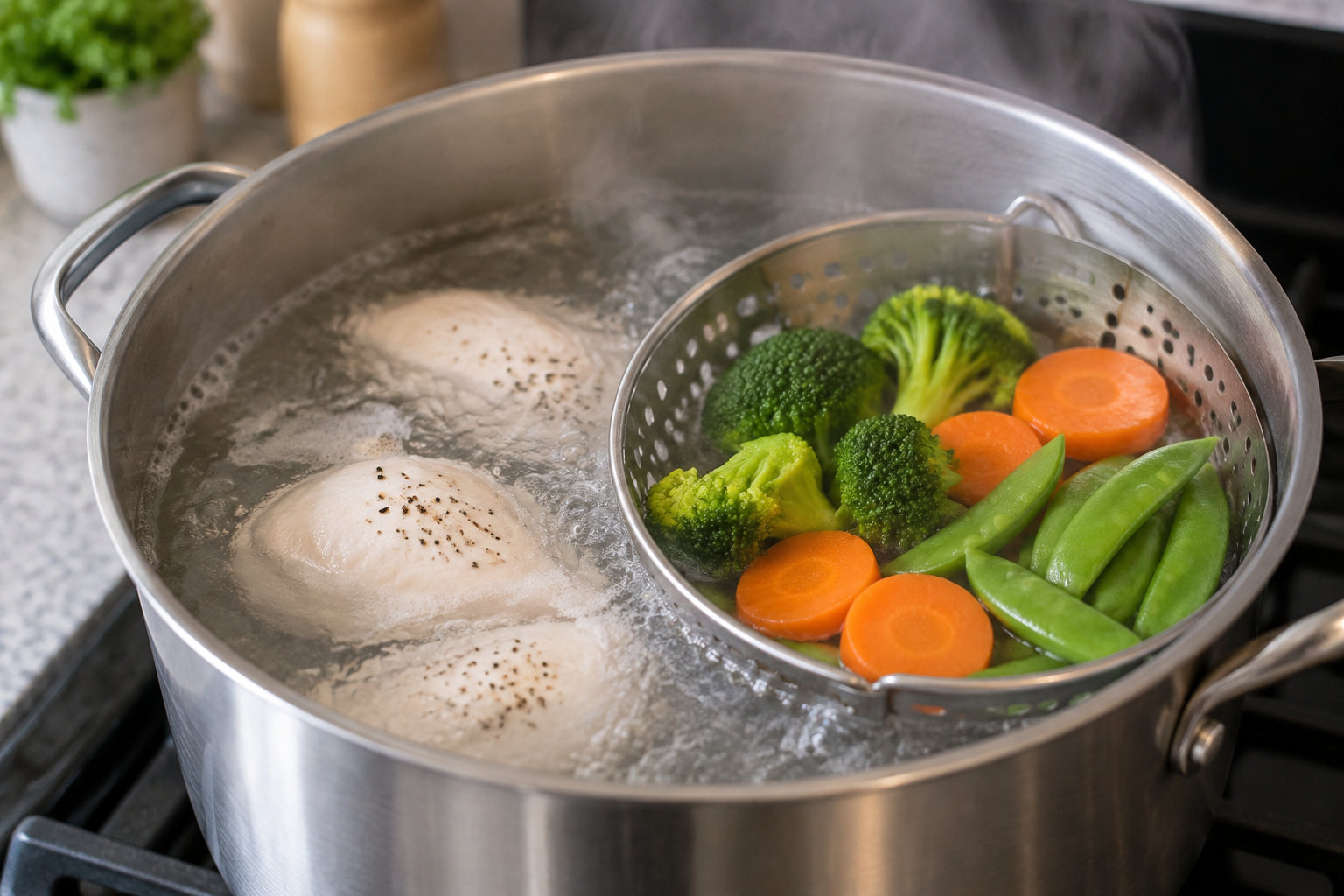Une casserole d’eau bout tandis qu’un aliment poche dans un liquide frémissant et que des légumes cuisent à la vapeur au-dessus de l’eau.