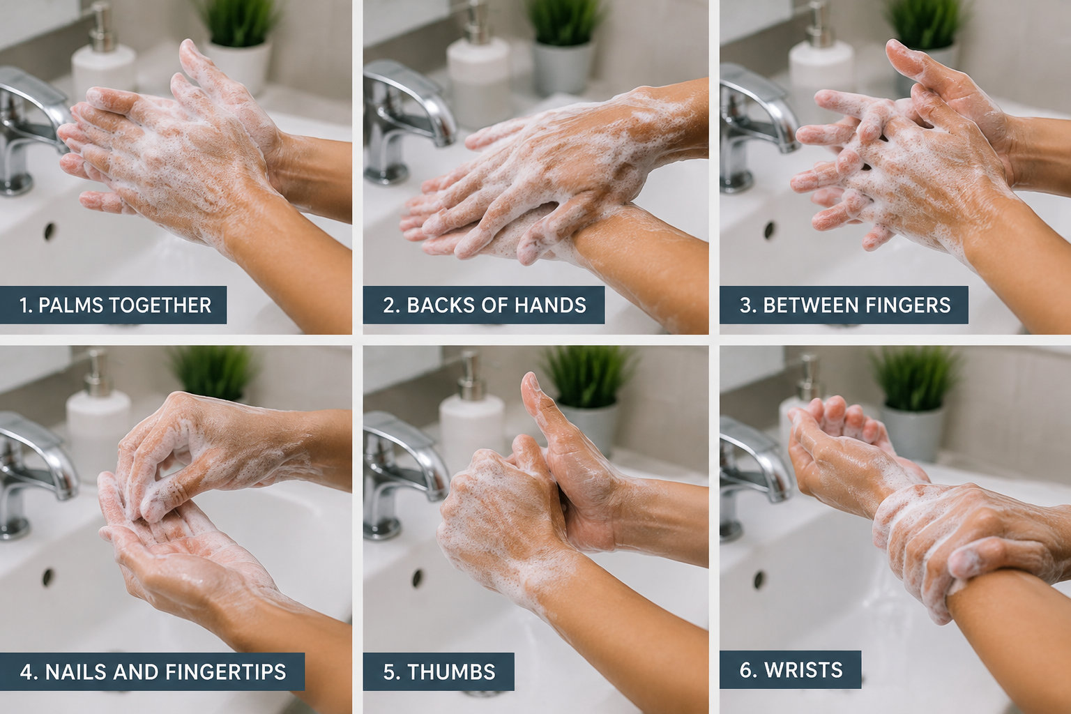 Des mains savonnées frottent les paumes, les doigts, les ongles et les poignets sous l’eau d’un robinet.