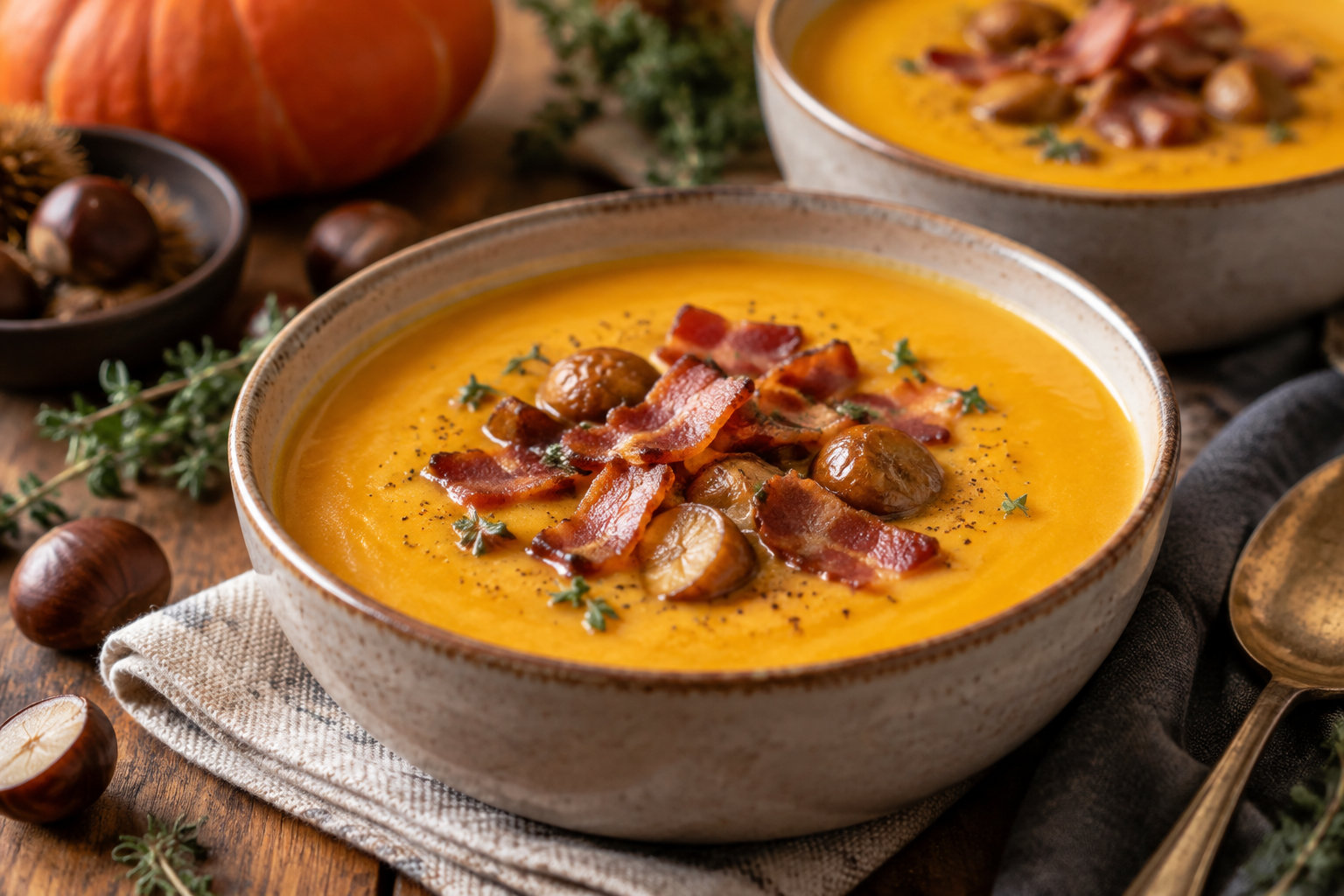 Un bol de soupe orange garnie de morceaux de bacon, de champignons et d’herbes repose sur un torchon, entouré de châtaignes, d’une citrouille et d’une cuillère.