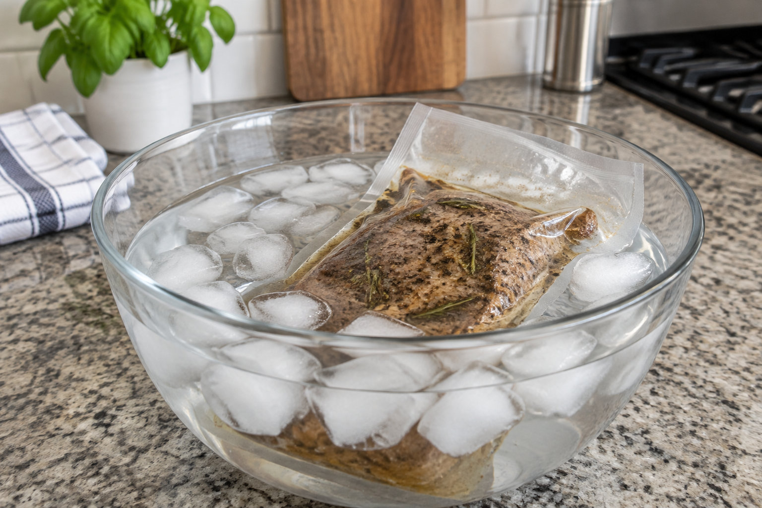 Un sachet de viande cuite sous vide refroidit dans un bain d’eau glacée.