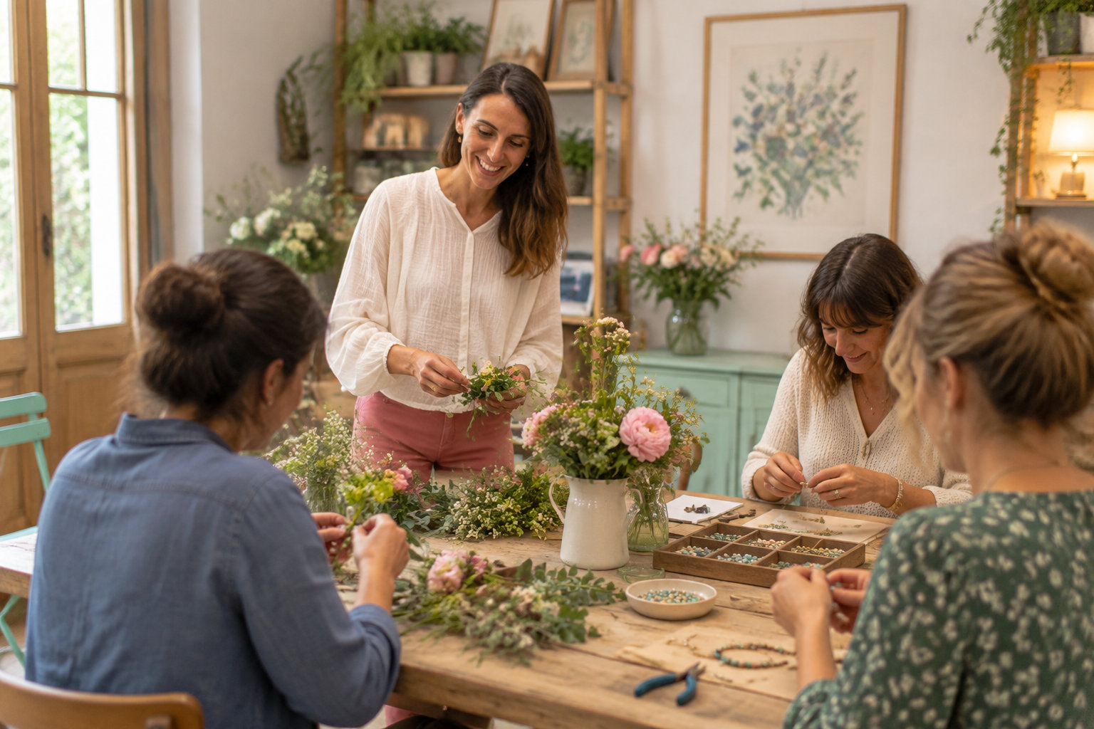 Des participantes réalisent des créations florales et des bijoux lors d’un atelier privatisé à l’Atelier Gris Souris.
