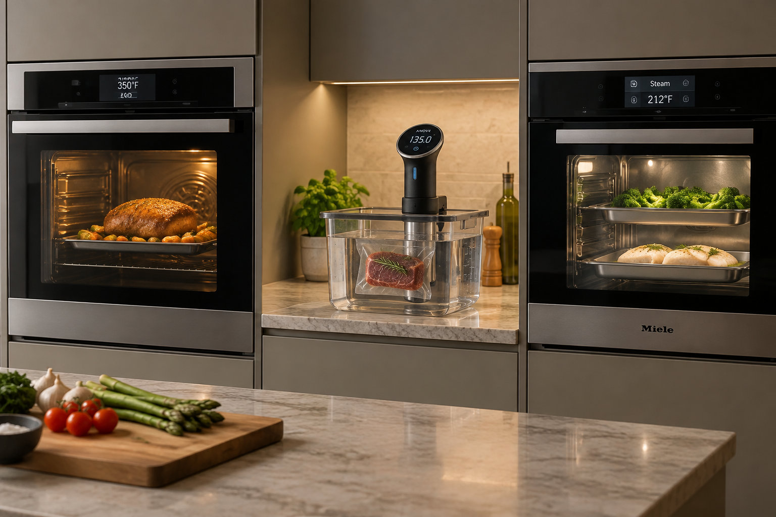 Un four, un bain-marie sous vide et un four vapeur illustrent trois méthodes de cuisson.