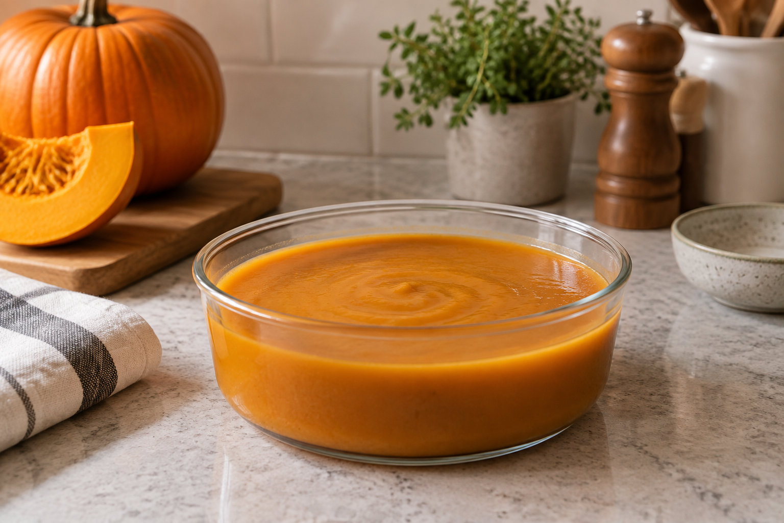 Un bol en verre rempli de purée orange est posé sur un comptoir, avec une courge coupée, un torchon, un moulin à poivre et une plante en arrière-plan.