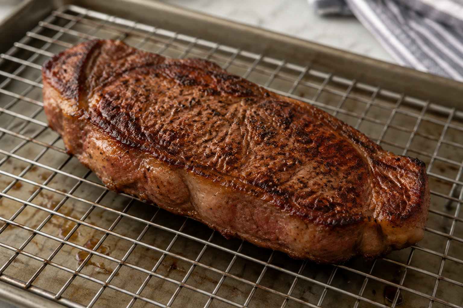 Une pièce de viande à la croûte dorée repose sur une grille après une saisie brève.