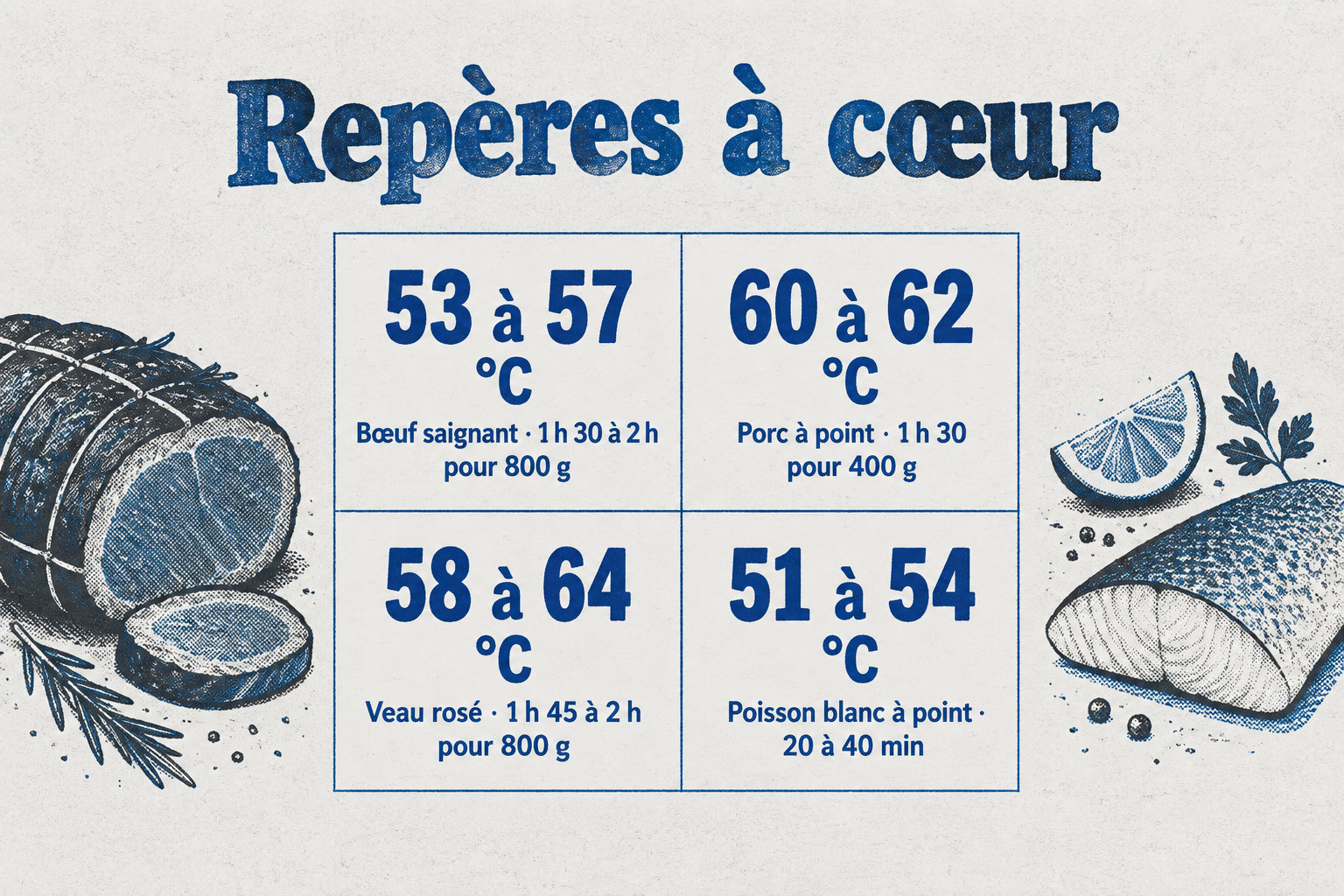 Repères indicatifs à cœur : bœuf saignant, 53 à 57 °C (1 h 30 à 2 h pour 800 g) ; porc à point, 60 à 62 °C (1 h 30 pour 400 g) ; veau rosé, 58 à 64 °C (1 h 45 à 2 h pour 800 g) ; poisson blanc à point, 51 à 54 °C (20 à 40 min).
