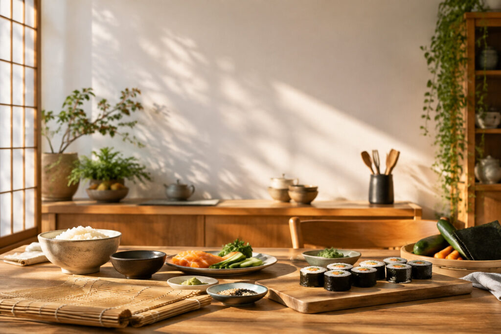Ingrédients pour sushis sur une table en bois dans une cuisine lumineuse au style zen.