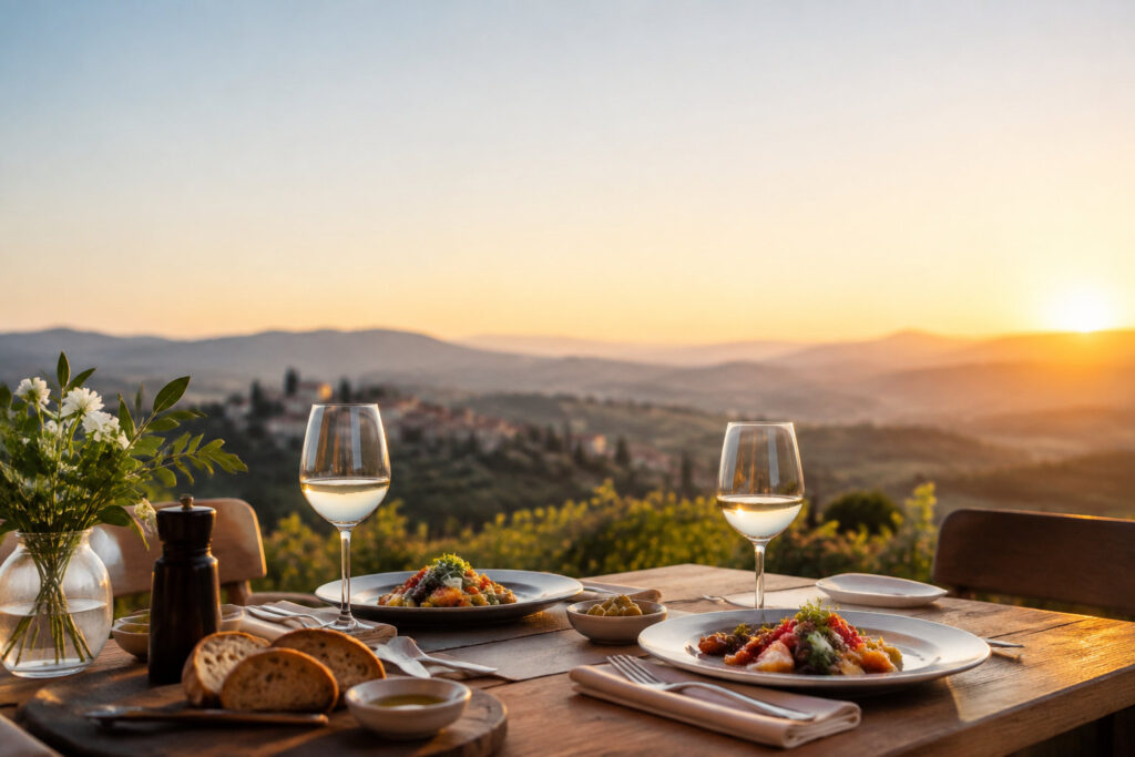 Table dressée avec deux assiettes, du vin et du pain devant un paysage vallonné italien baigné par la lumière du crépuscule.