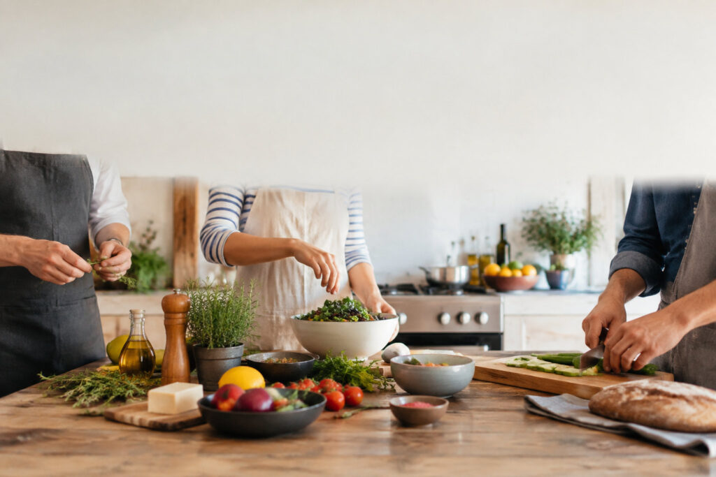 Trois personnes en tabliers préparent un repas ensemble sur une table en bois garnie d'ingrédients frais.
