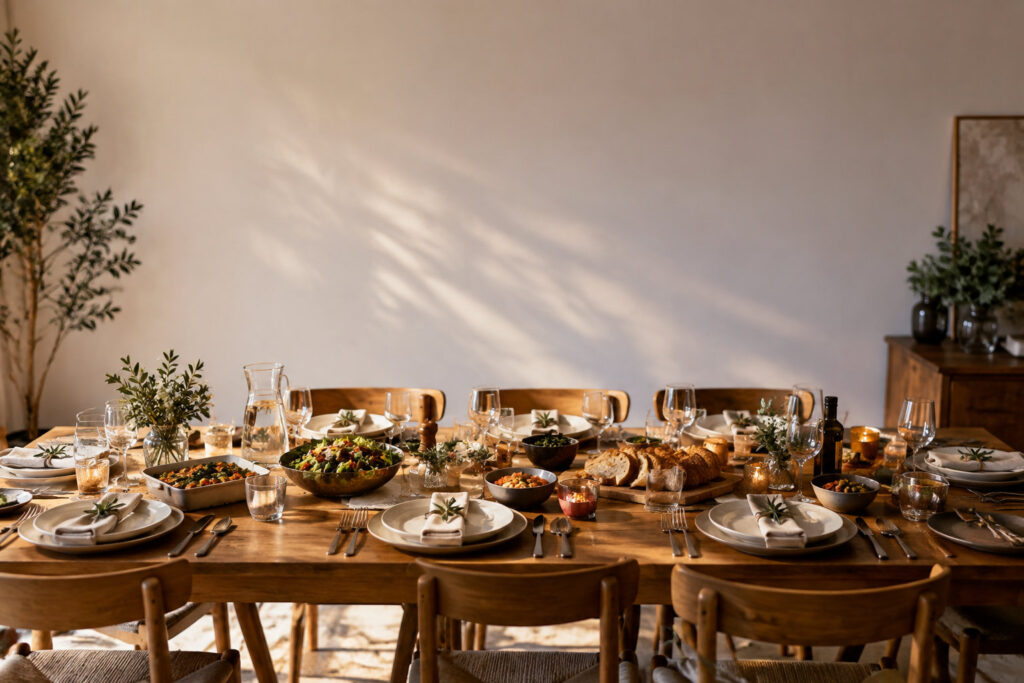 Une grande table en bois dressée avec élégance pour un dîner, baignée par une douce lumière naturelle en fin de journée.