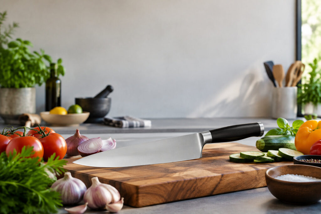 Un couteau de chef professionnel posé sur une planche à découper en bois entouré de légumes frais.