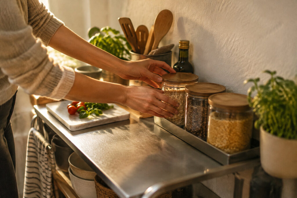 Mains posant un bocal en verre sur un plan de travail de cuisine en inox bien organisé.