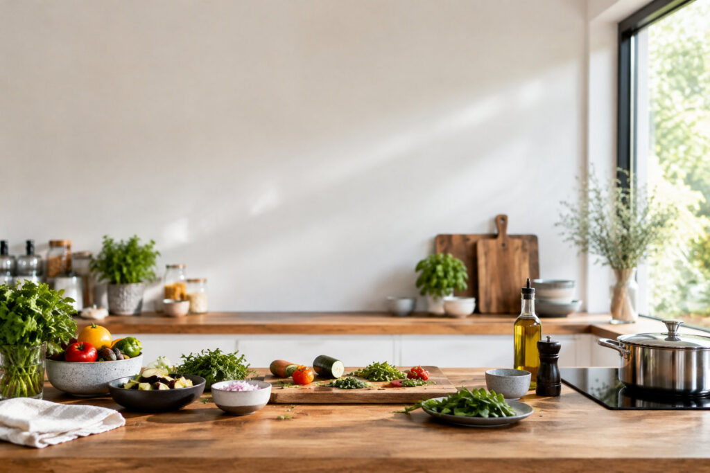 Plan de travail en bois dans une cuisine lumineuse avec des légumes frais, des herbes et des ingrédients préparés.