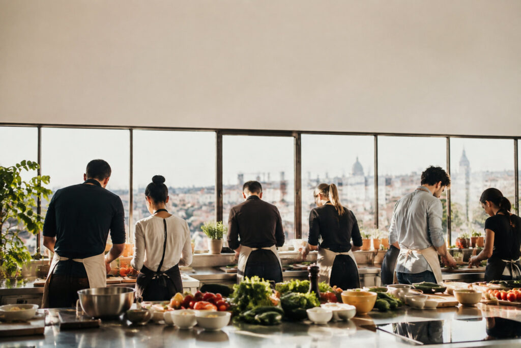 Groupe d'employés participant à un cours de cuisine devant une baie vitrée avec vue panoramique sur Paris.