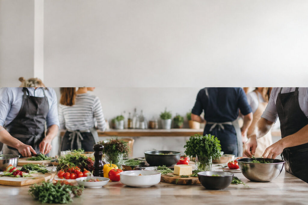 Groupe de personnes en tabliers préparant des légumes frais lors d'un atelier culinaire en entreprise.