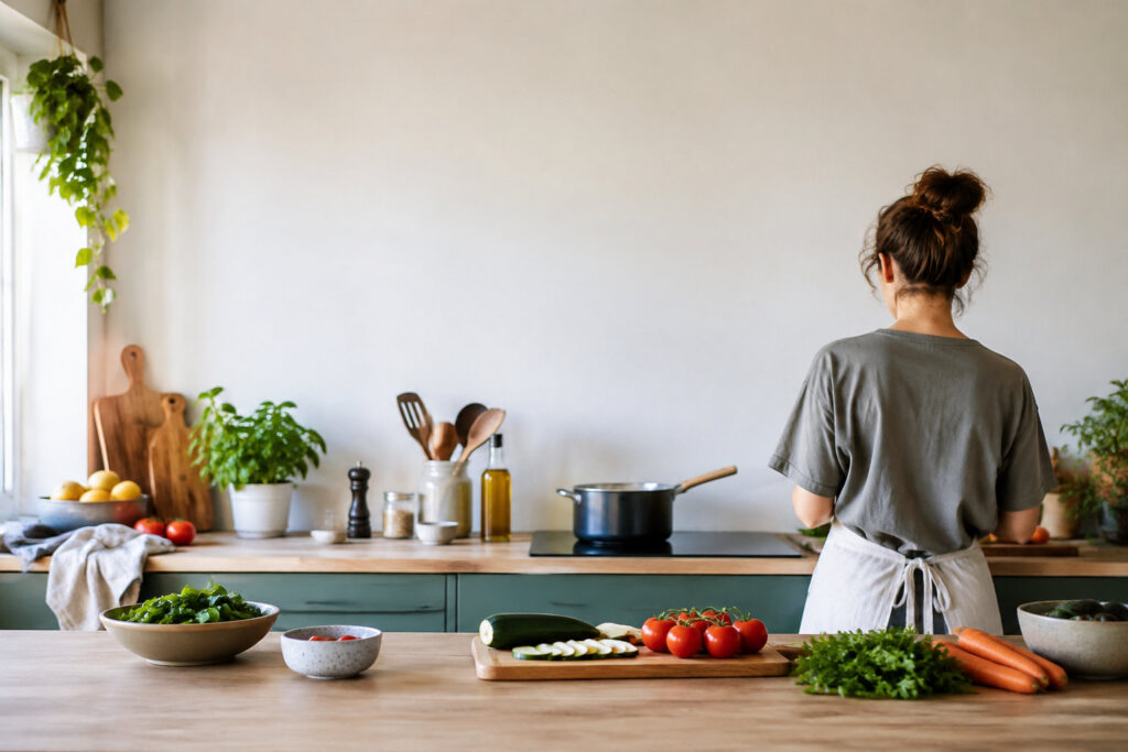 Une femme préparant des légumes frais dans une cuisine moderne et lumineuse.