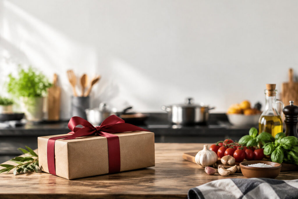Un cadeau emballé dans du papier kraft avec un ruban rouge posé sur une table de cuisine avec des ingrédients frais.