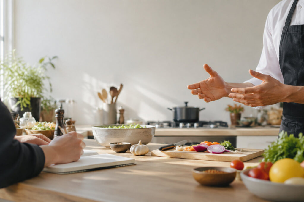Un coach culinaire explique une technique à un élève qui prend des notes dans une cuisine lumineuse.