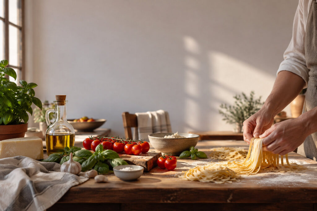 Gros plan sur les mains d'un cuisinier préparant des pâtes fraîches sur une table en bois avec des ingrédients italiens.