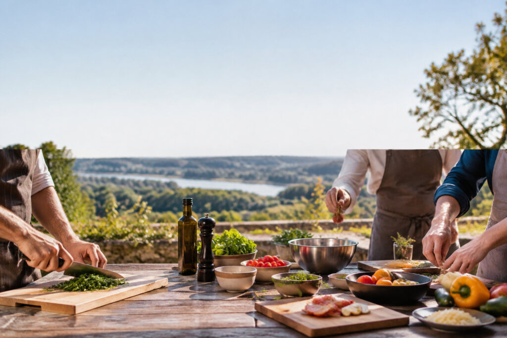 Mains de chefs cuisinant sur une table en bois en extérieur avec une vue panoramique sur la vallée et la rivière.