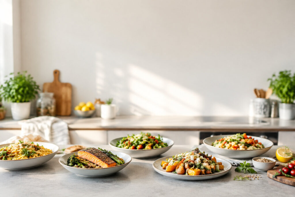 Plusieurs assiettes de plats sains et équilibrés disposées sur un comptoir de cuisine lumineux.