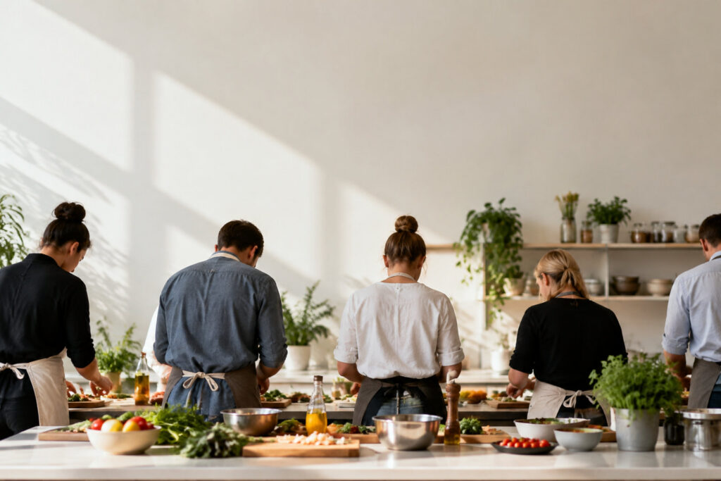 Un groupe de personnes portant des tabliers prépare un repas ensemble dans une cuisine lumineuse et moderne.