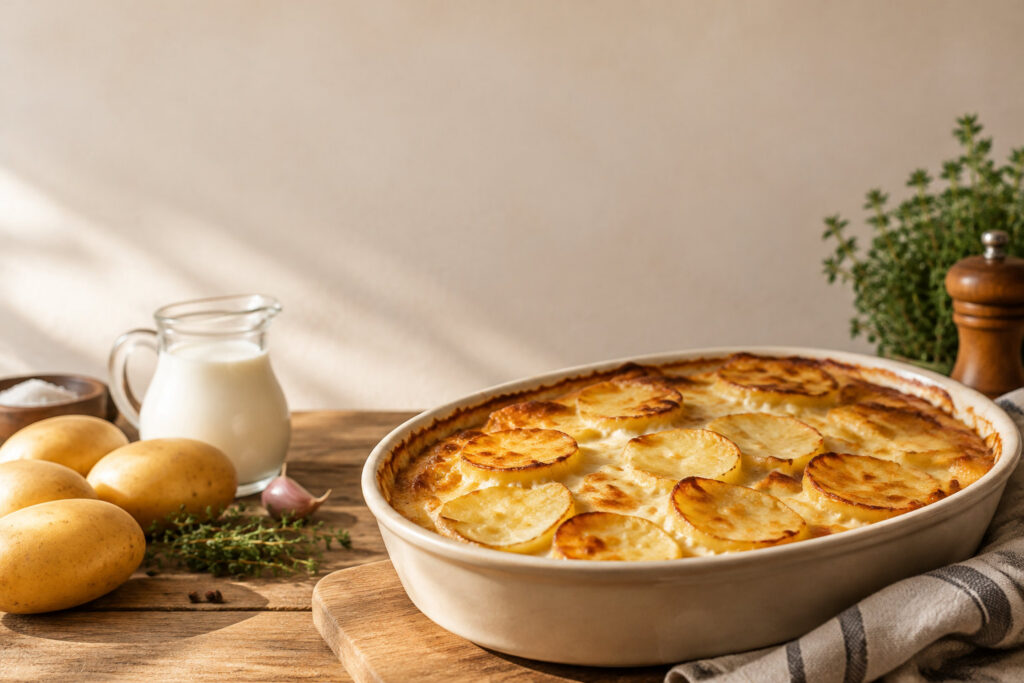 Un plat de gratin dauphinois doré sortant du four, accompagné de pommes de terre crues et d'un pichet de lait sur une table.