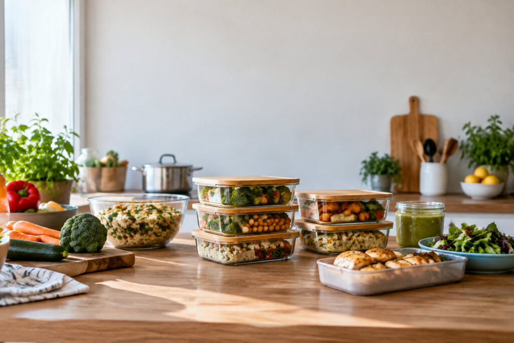 Plusieurs boîtes en verre avec couvercles en bois remplies d'ingrédients sains sur une table en bois.