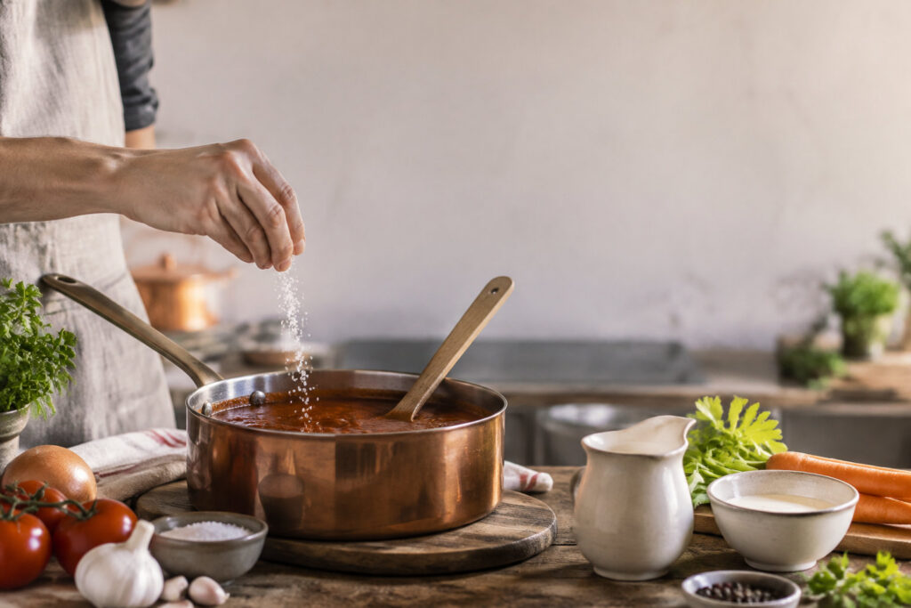 Une main sale une sauce rouge dans une casserole en cuivre sur une table de cuisine avec des ingrédients frais.